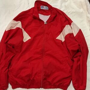 Red and White Men's vintage Russell athletic jacket size 2XL